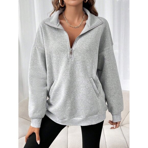 half zip fold down collar fleece lined sweatshirt gray - Picture 1 of 2